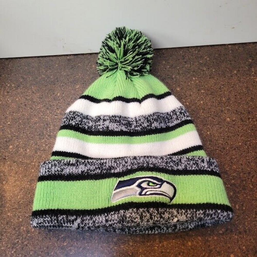 Seattle Seahawks NFL Knit Cap Beanie Hat Adult Pom Stripe